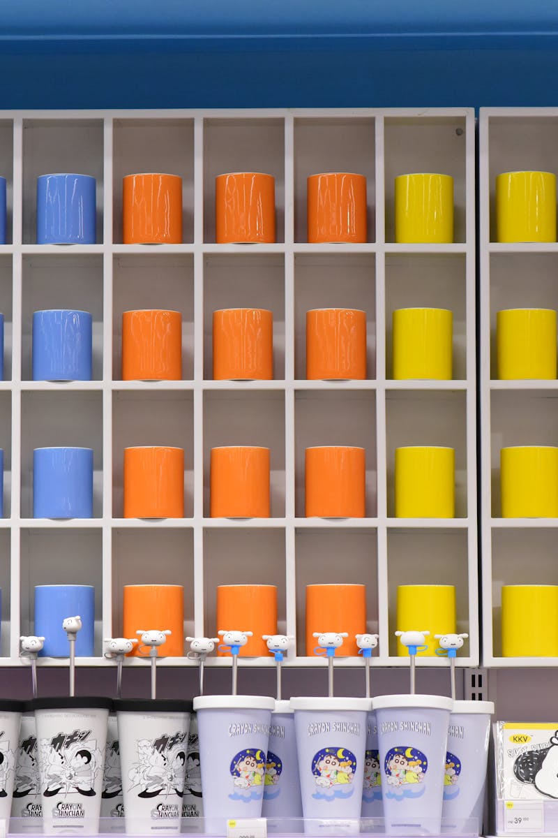 Vibrant shelf of colorful cups in a retail store, organized by color and showcasing a playful design.